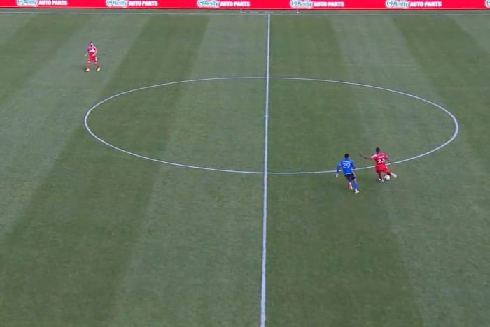 Kellyn Acosta pictured (right) moments before he scored from his own half for Chicago Fire against Montreal in March 2024